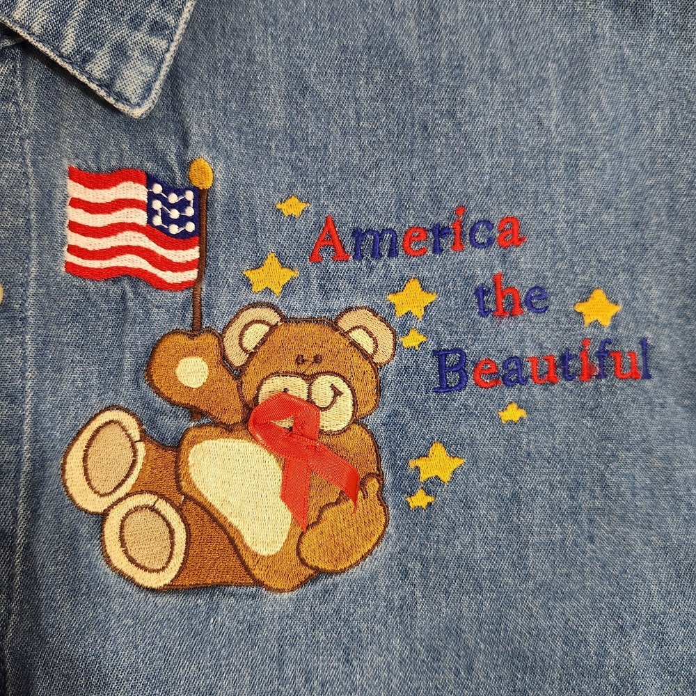 Vintage Maggie & Max Denim Shirt Sz Small Bear American Flag Patriotic 4th July